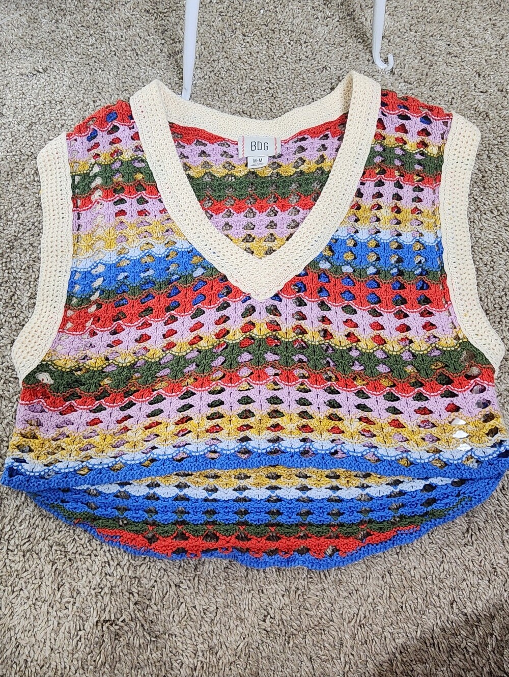 BDG Multicolor Cropped Crochet V-Neck Sweater Vest - Cream Trim
